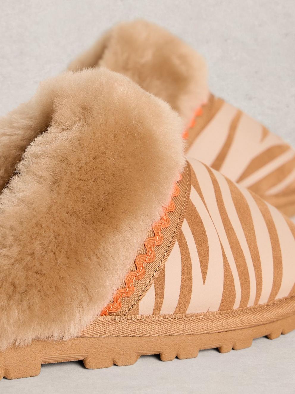 Zebra Shearling Mule Slipper in TAN MULTI - FLAT DETAIL
