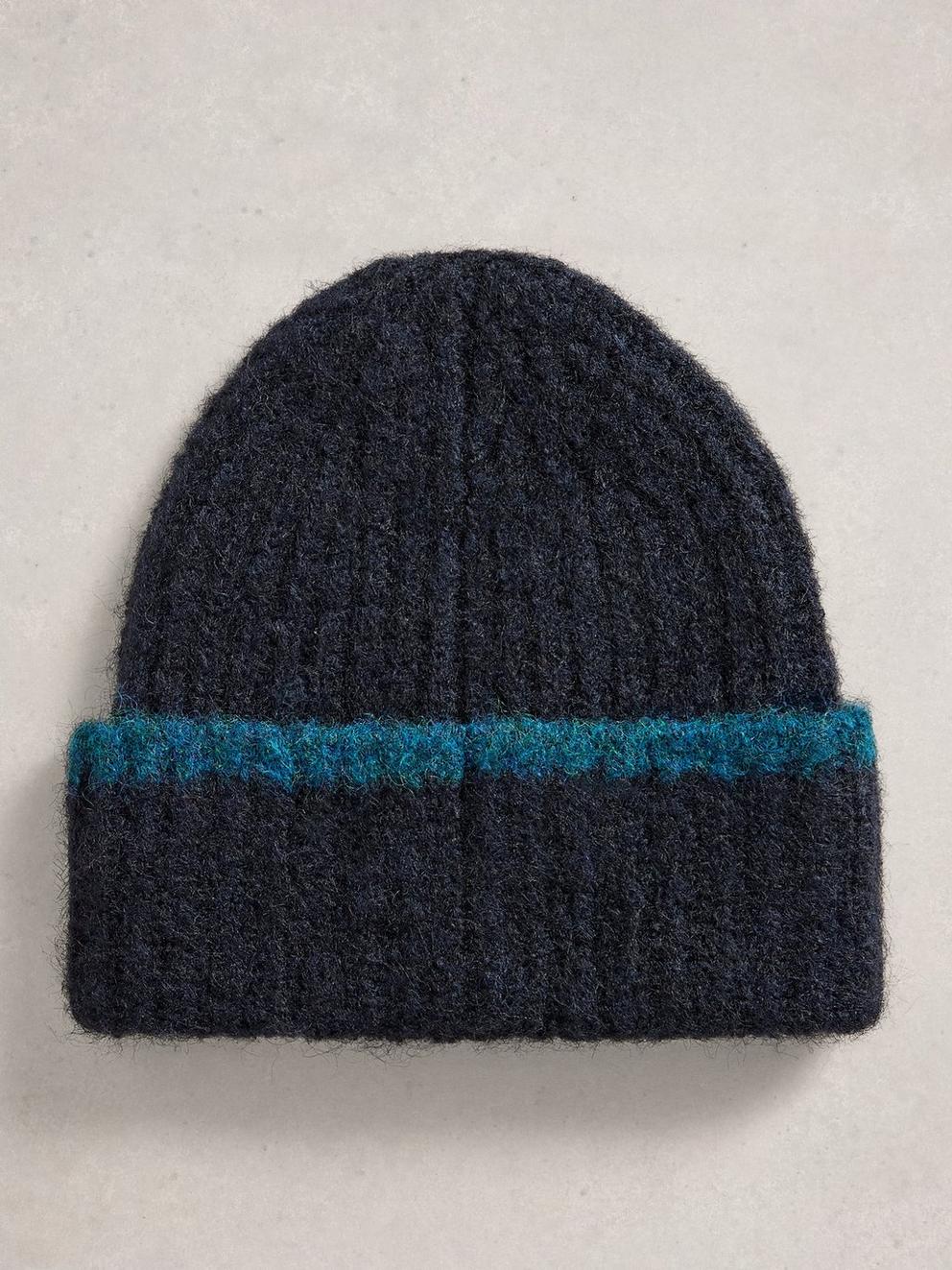 Emma Knitted Beanie in DARK NAVY - FLAT DETAIL
