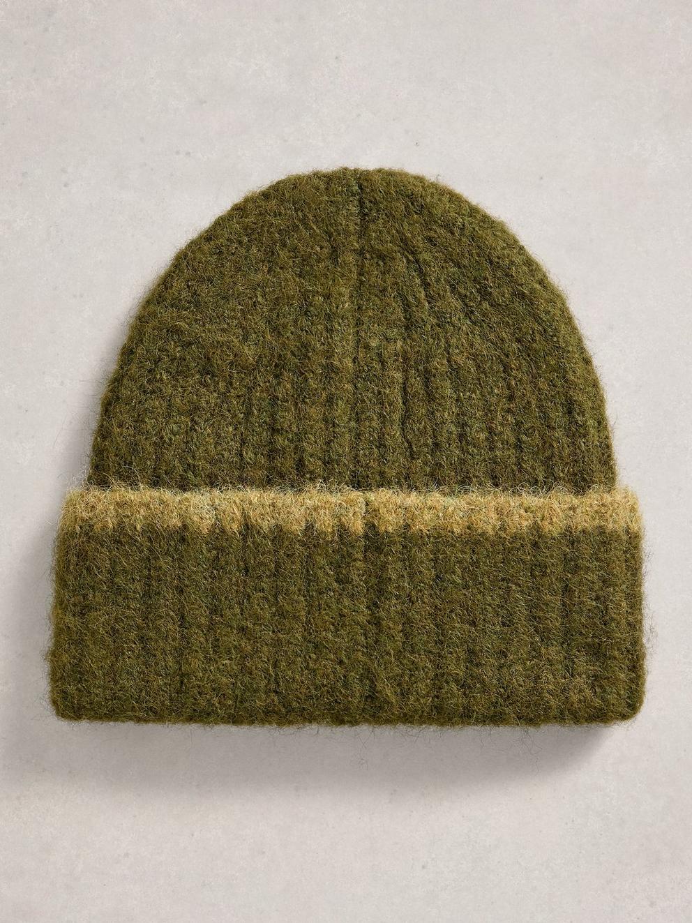 Emma Knitted Beanie in KHAKI GRN - FLAT BACK