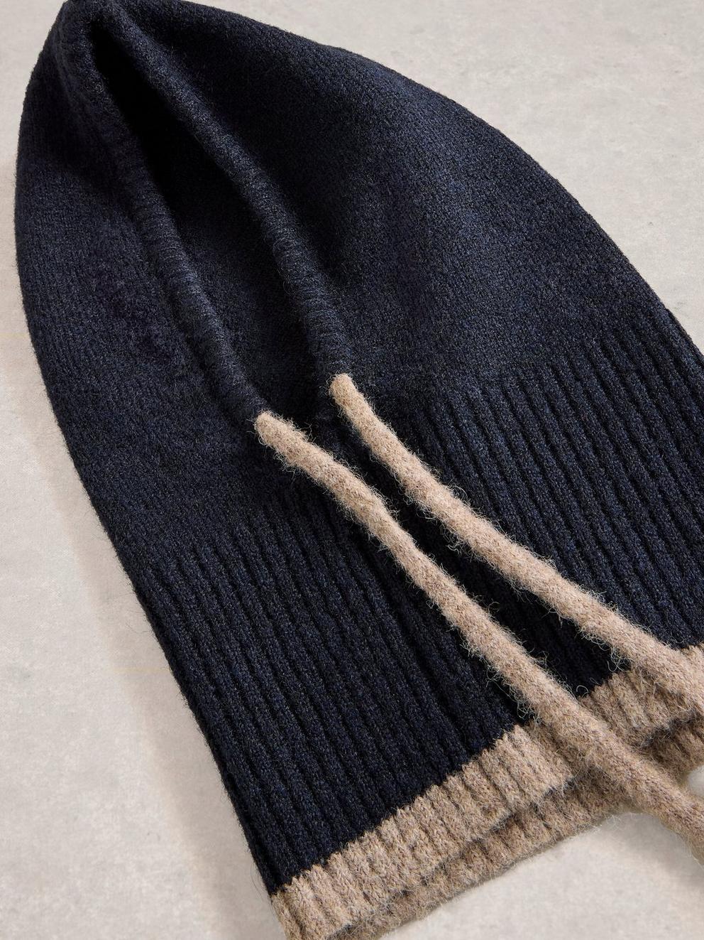 Emma Knitted Hood  in DK BLUE - FLAT DETAIL