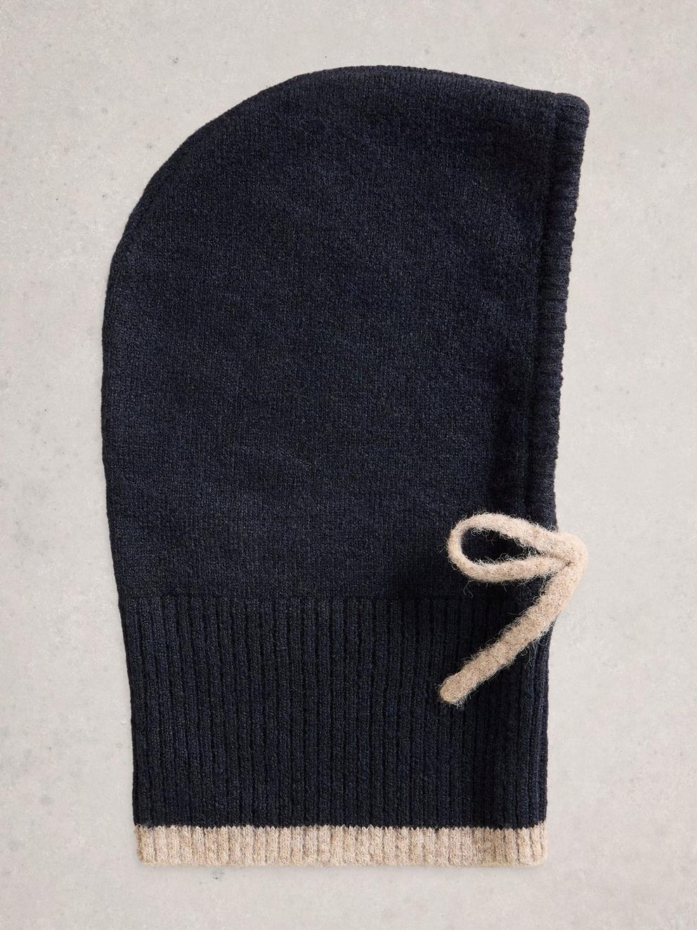 Emma Knitted Hood  in DK BLUE - FLAT FRONT