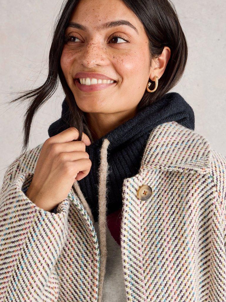 Emma Knitted Hood  in DK BLUE - MODEL BACK