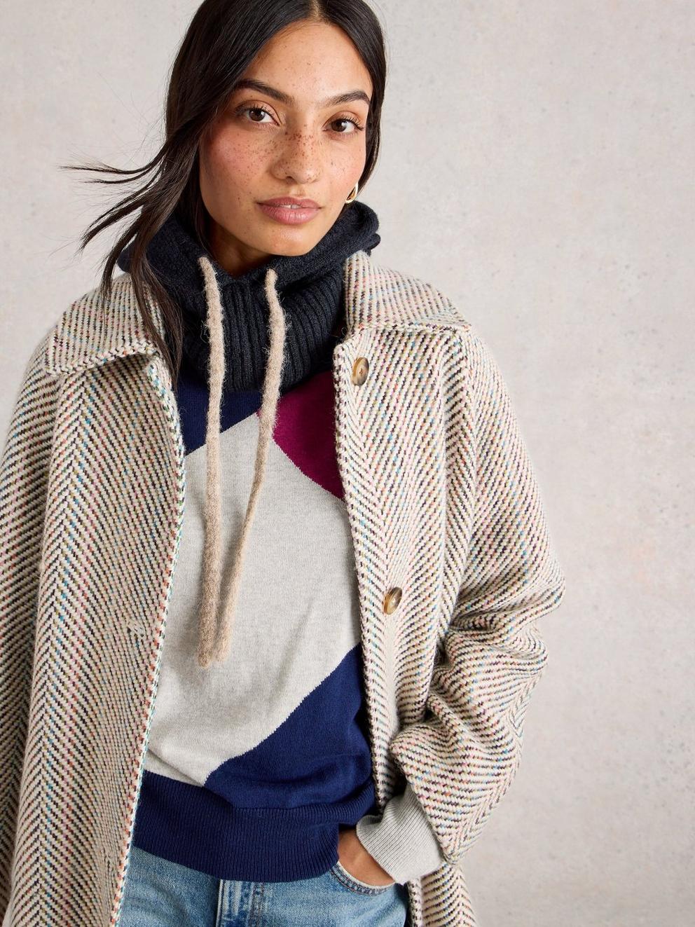 Emma Knitted Hood  in DK BLUE - MODEL DETAIL