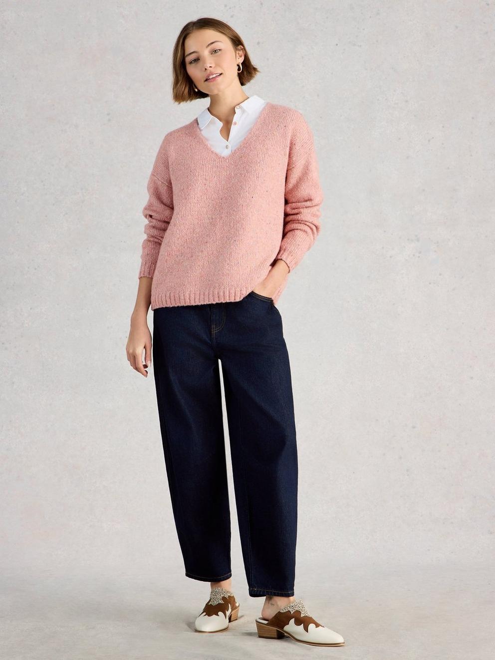 TAMARA TEXTURE V NECK in MID PINK - MODEL FRONT