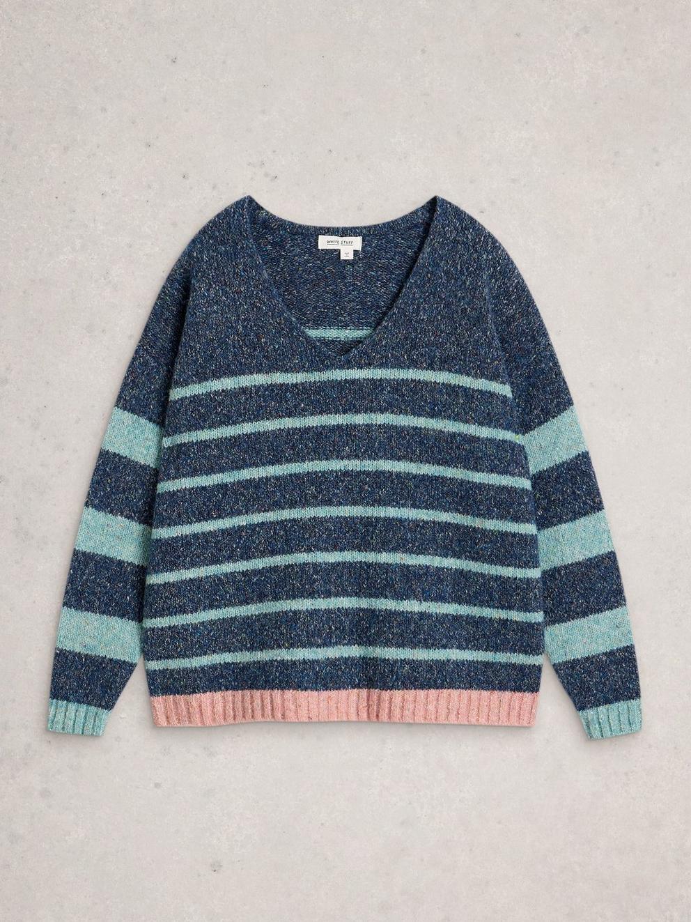 TAMARA STRIPE TEXTURE V NECK in BLUE MLT - FLAT FRONT