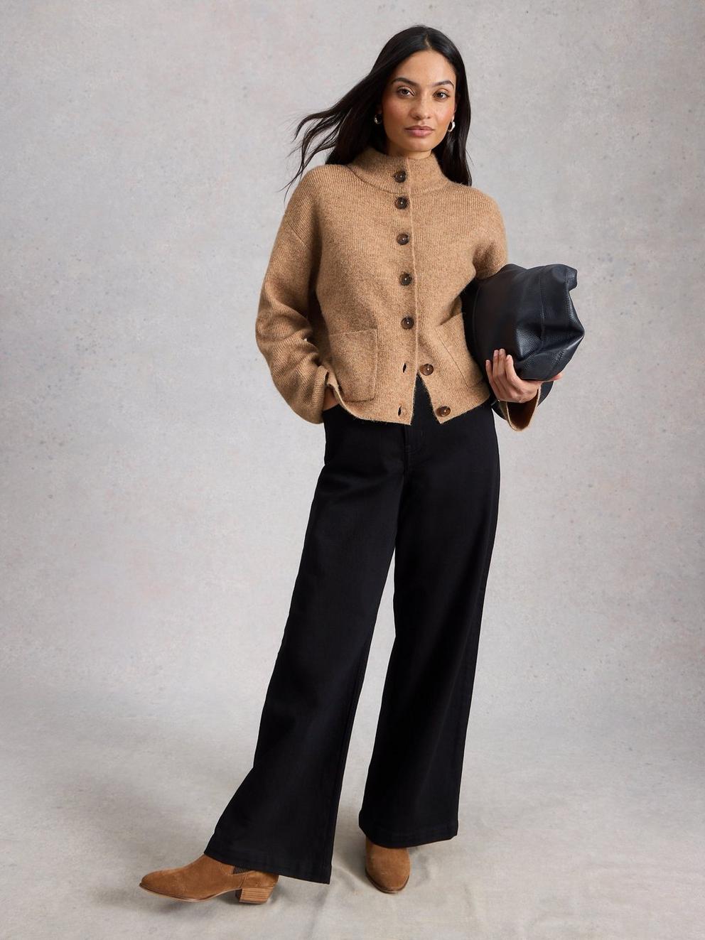 MARGOT CARDI in MID BROWN - MODEL FRONT