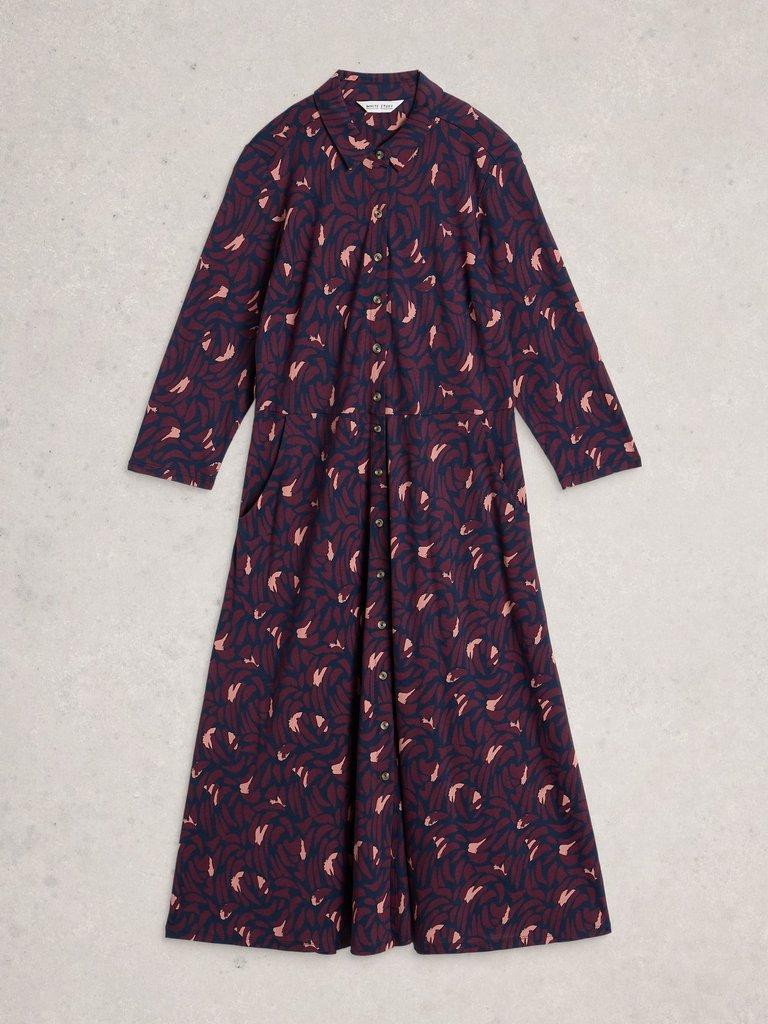 Rua Midi Jersey Collared Shirt Dress in NAVY MULTI - FLAT FRONT