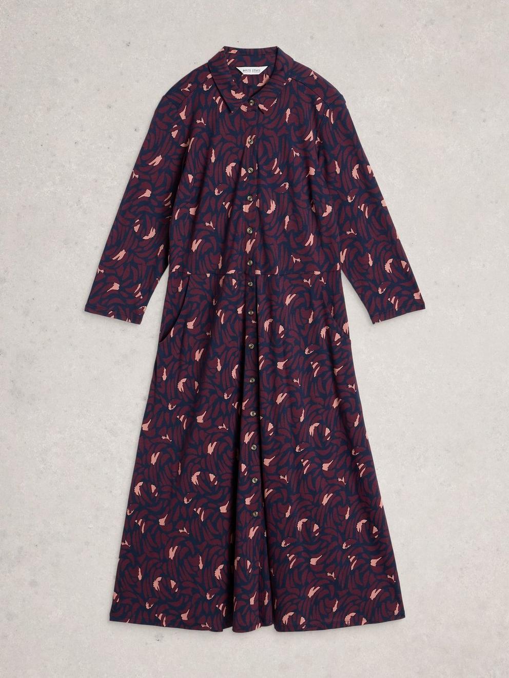 Rua Midi Jersey Collared Shirt Dress in NAVY MULTI - FLAT FRONT