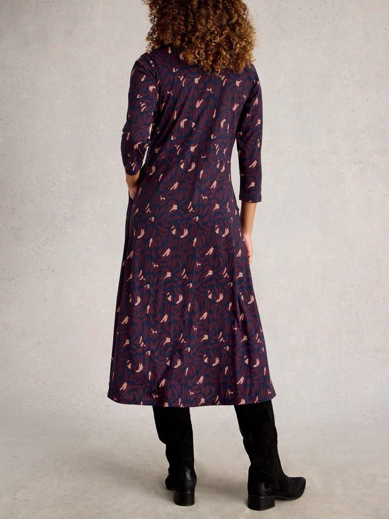 Rua Midi Jersey Collared Shirt Dress in NAVY MULTI - MODEL BACK