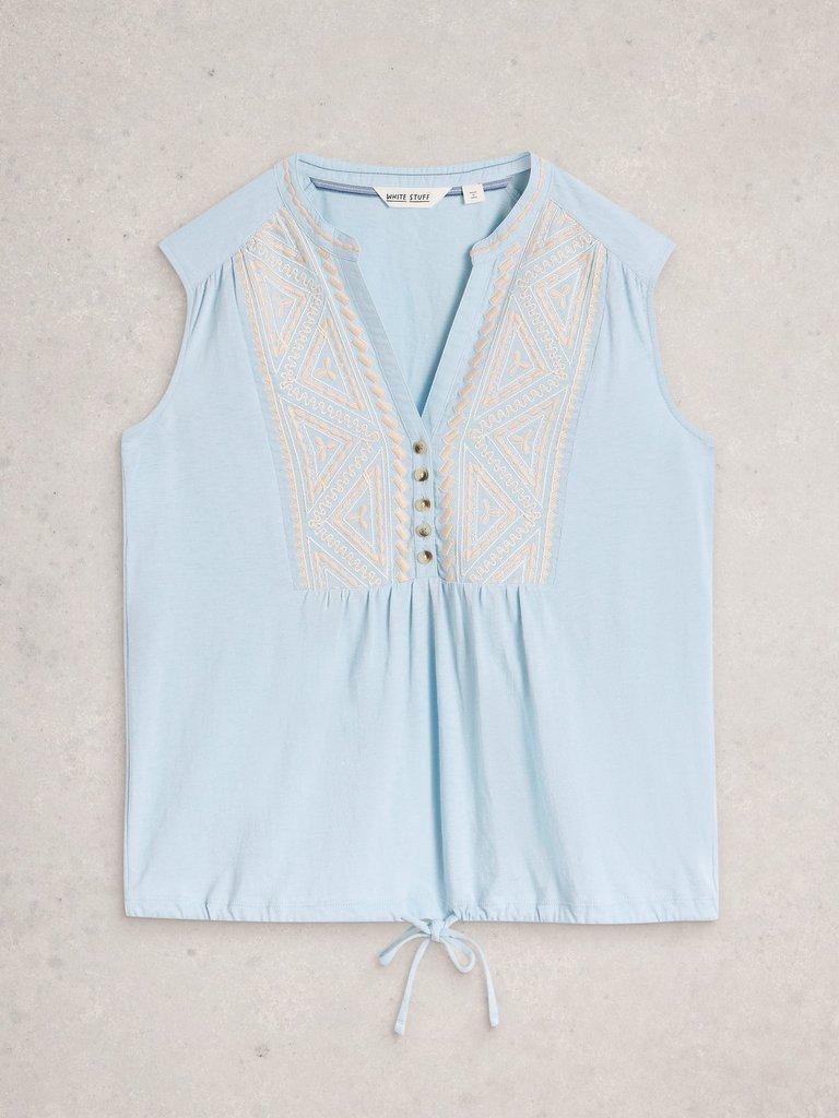 PEONY SLEEVELESS COLLARED SHIRT in MID BLUE - FLAT FRONT