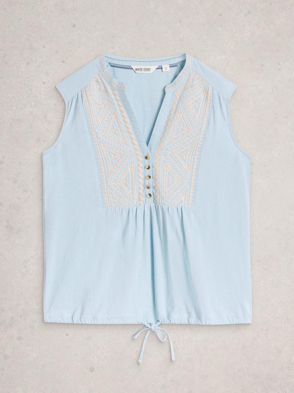 PEONY SLEEVELESS COLLARED SHIRT in MID BLUE - FLAT FRONT