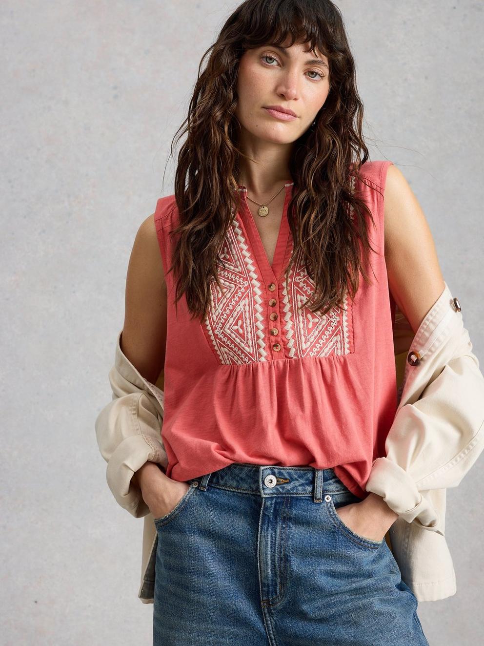 PEONY SLEEVELESS COLLARED SHIRT in MID PINK - LIFESTYLE