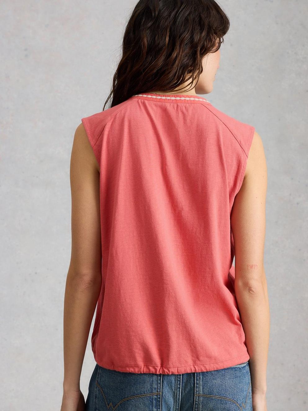 PEONY SLEEVELESS COLLARED SHIRT in MID PINK - MODEL BACK