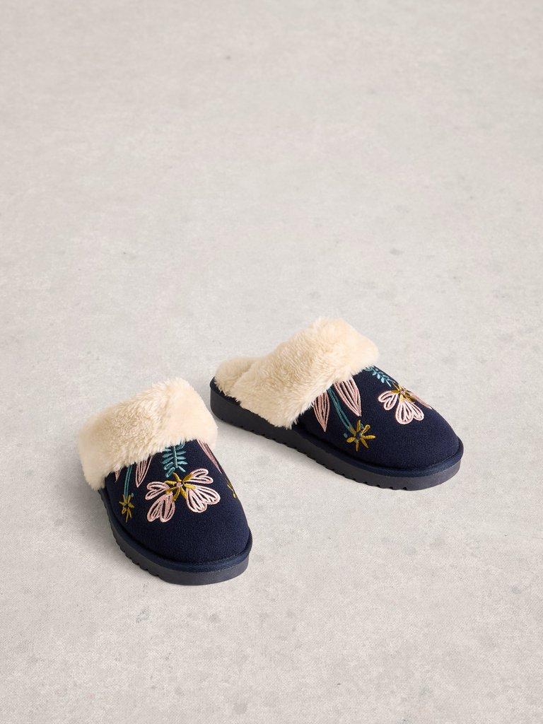 Floral Mule Slippers in DARK NAVY - FLAT FRONT