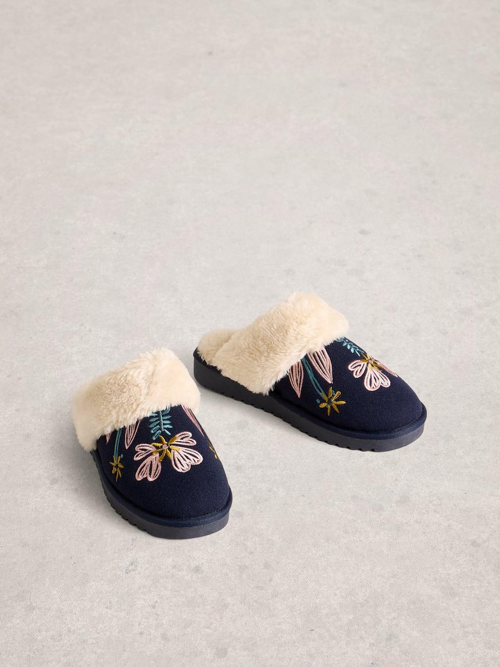 Floral Mule Slippers in DARK NAVY - FLAT FRONT