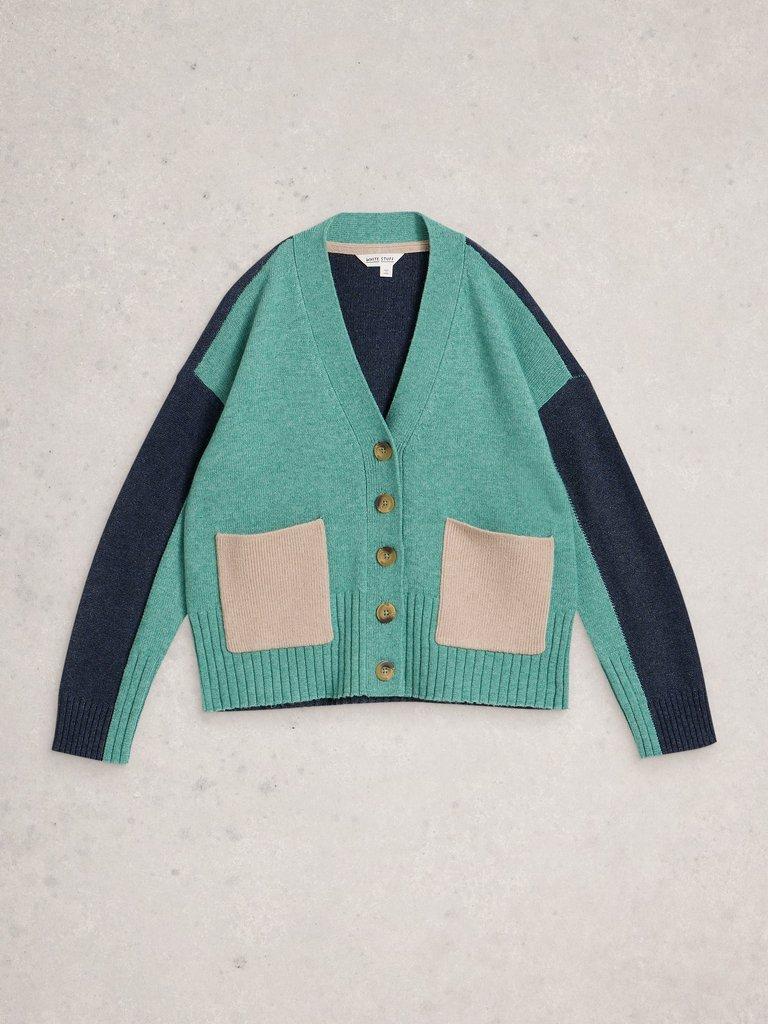 MARY COLOURBLOCK CARDI in TEAL MLT - FLAT FRONT