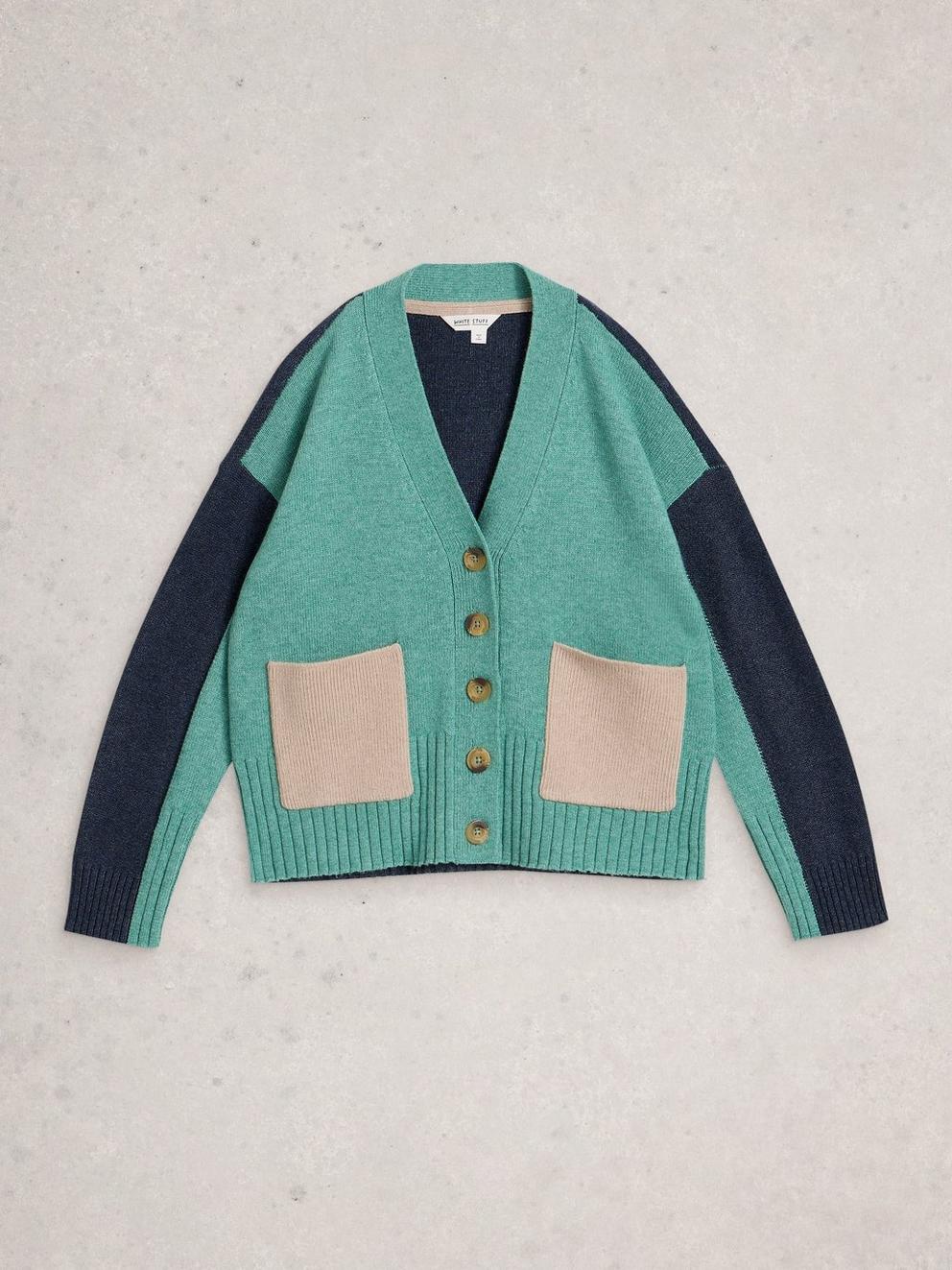 MARY COLOURBLOCK CARDI in TEAL MLT - FLAT FRONT