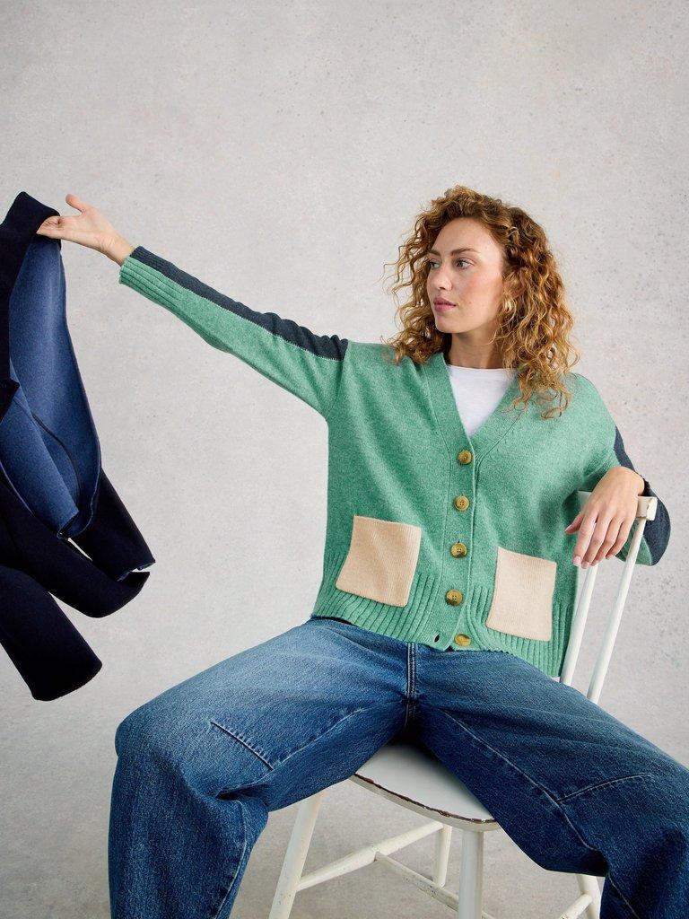 MARY COLOURBLOCK CARDI in TEAL MLT - LIFESTYLE