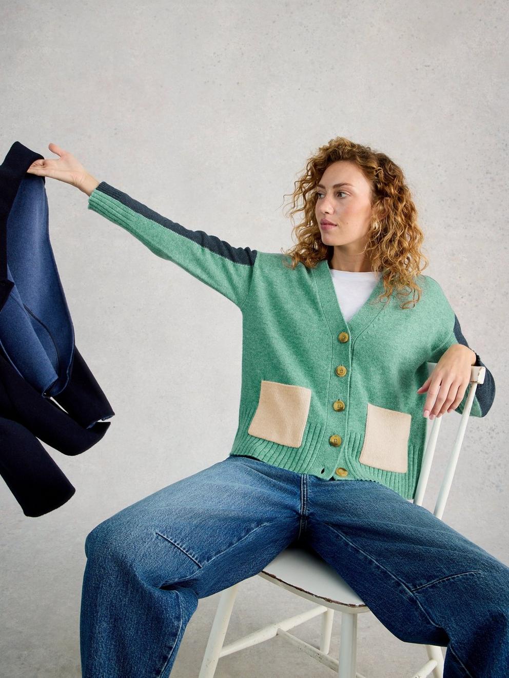 MARY COLOURBLOCK CARDI in TEAL MLT - LIFESTYLE