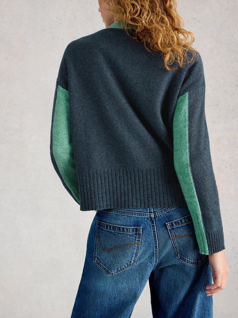 MARY COLOURBLOCK CARDI in TEAL MLT - MODEL BACK