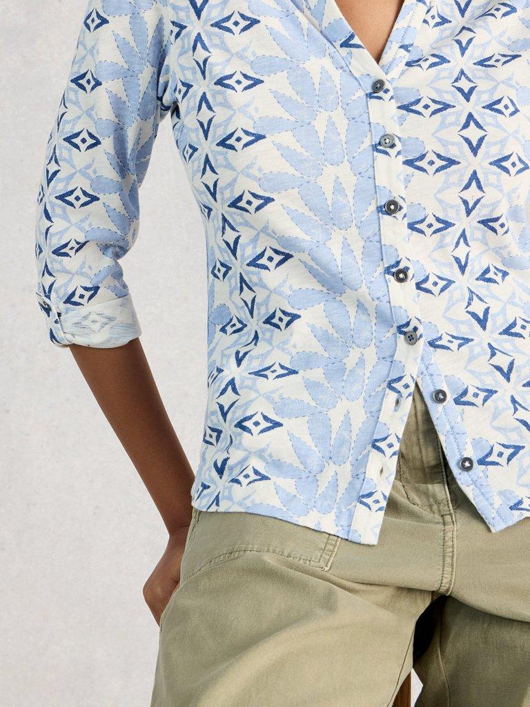 WOMENS ANNIE COLLARED JERSEY SHIRT in BLUE MLT - MODEL DETAIL