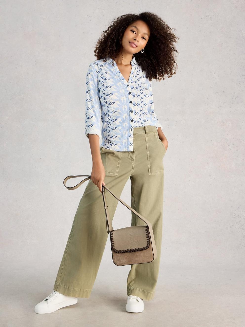 WOMENS ANNIE COLLARED JERSEY SHIRT in BLUE MLT - MODEL FRONT