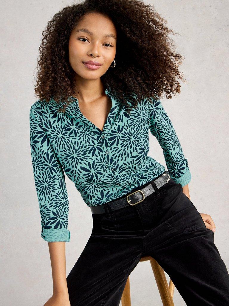 WOMENS ANNIE COLLARED JERSEY SHIRT in TEAL PR - LIFESTYLE