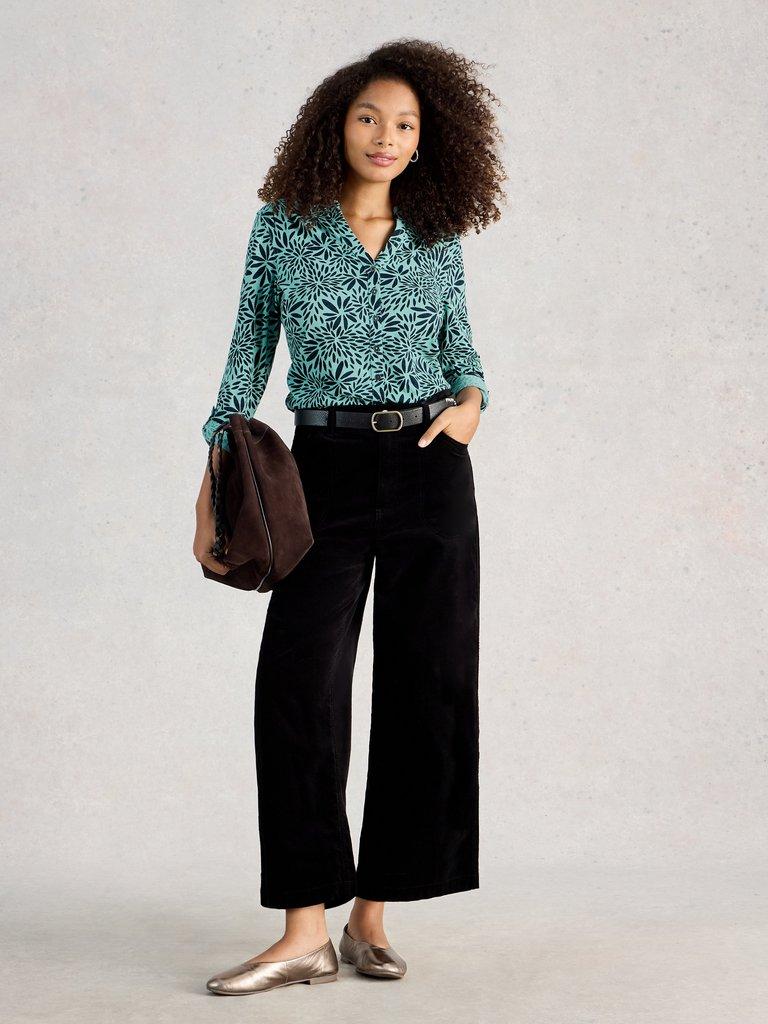 WOMENS ANNIE COLLARED JERSEY SHIRT in TEAL PR - MODEL FRONT