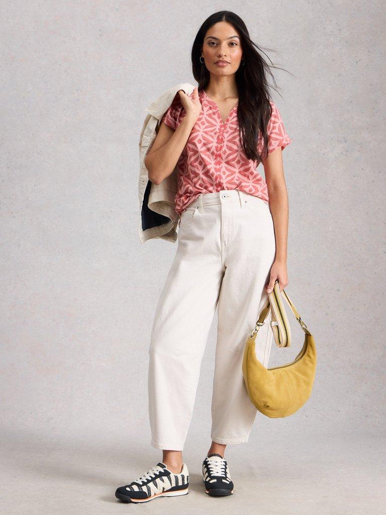 NELLY SHORT SLEEVE EMBROIDERED TEE in PINK MLT - MODEL FRONT