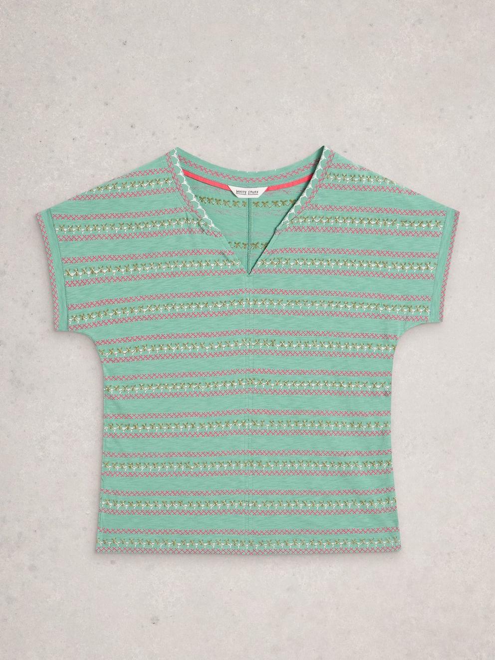 NELLY SHORT SLEEVE EMBROIDERED TEE in TEAL MLT - FLAT FRONT