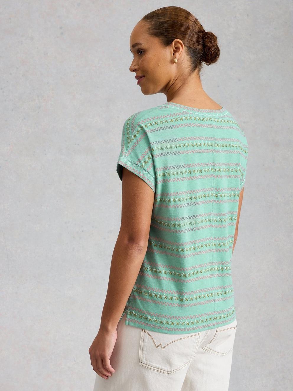 NELLY SHORT SLEEVE EMBROIDERED TEE in TEAL MLT - MODEL BACK