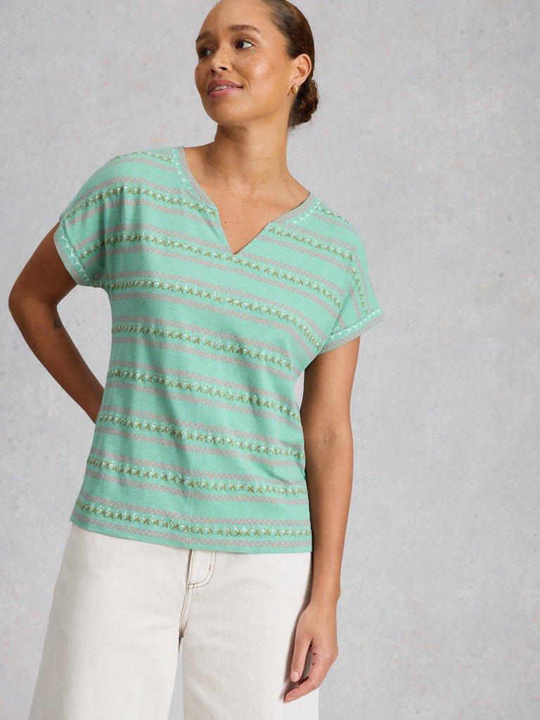 NELLY SHORT SLEEVE EMBROIDERED TEE in TEAL MLT - MODEL DETAIL