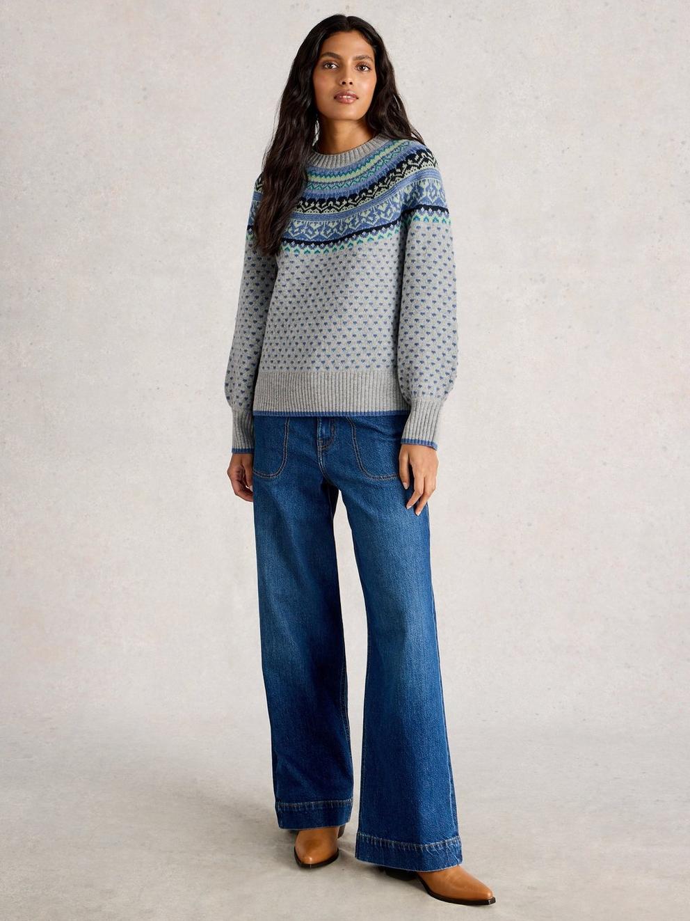 MINI HEART FAIRISLE JUMPER in GREY MLT - MODEL FRONT