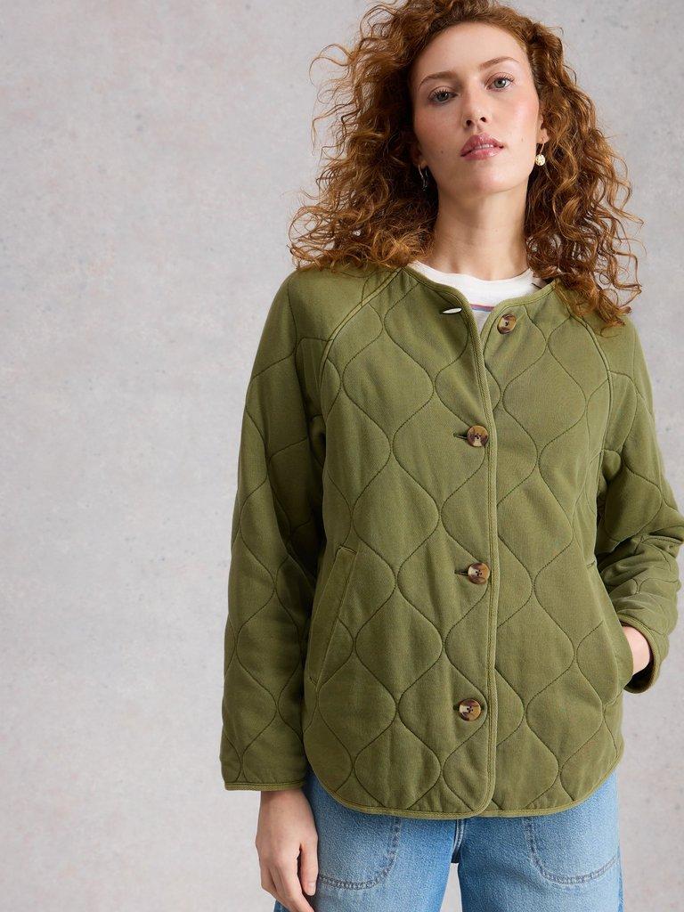 Anya Jersey Quilted Jacket in MID GREEN - MODEL DETAIL
