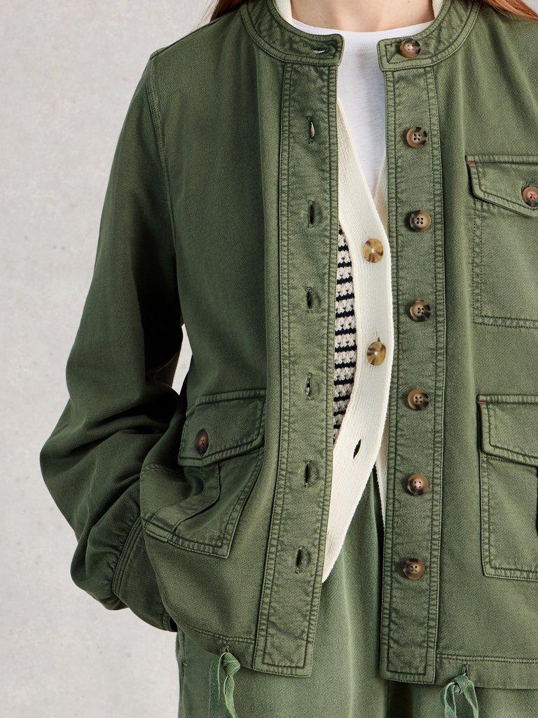 Demi Utility Jersey Jacket in MID GREEN - MODEL DETAIL