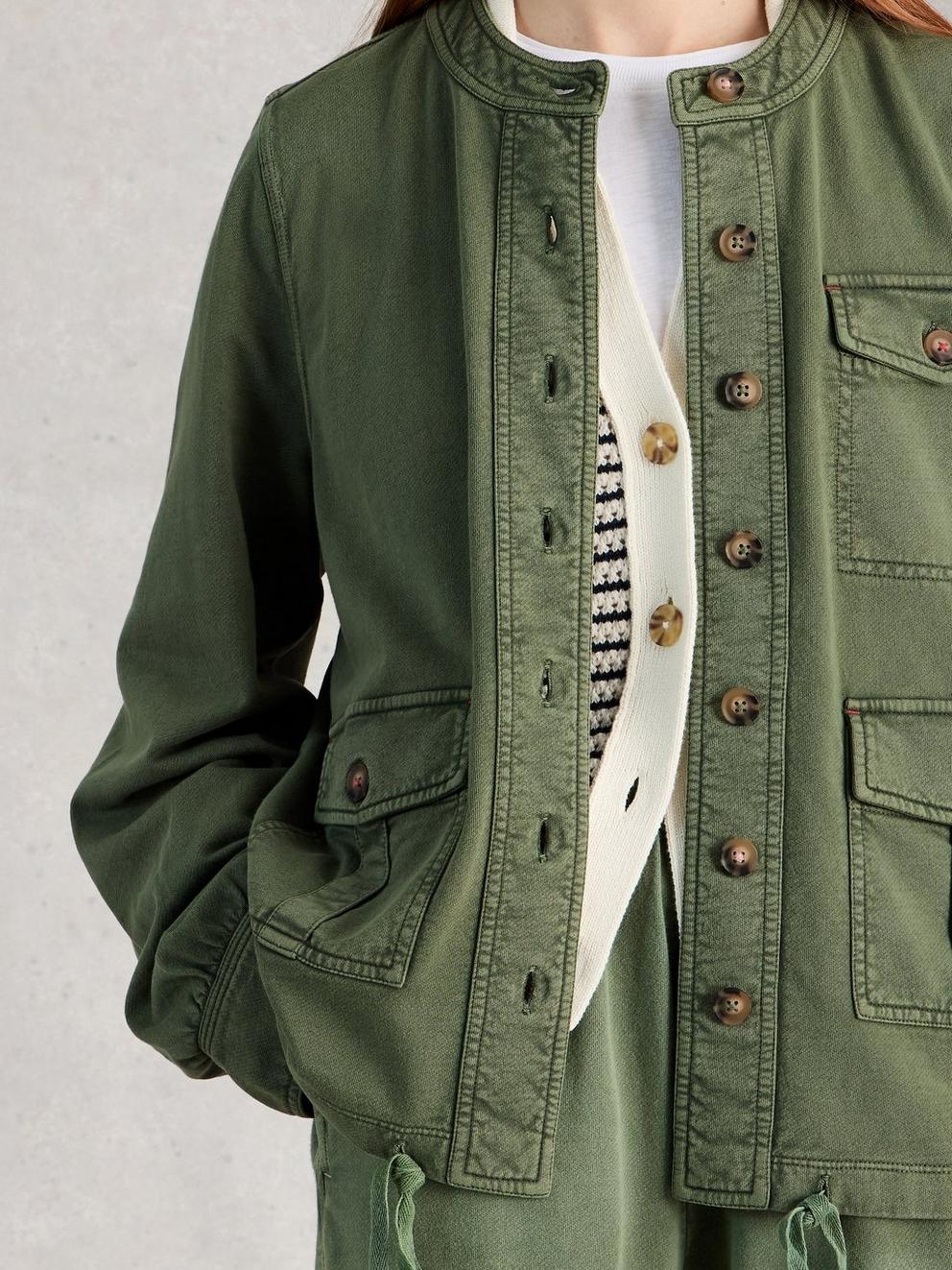 Demi Utility Jersey Jacket in MID GREEN - MODEL DETAIL