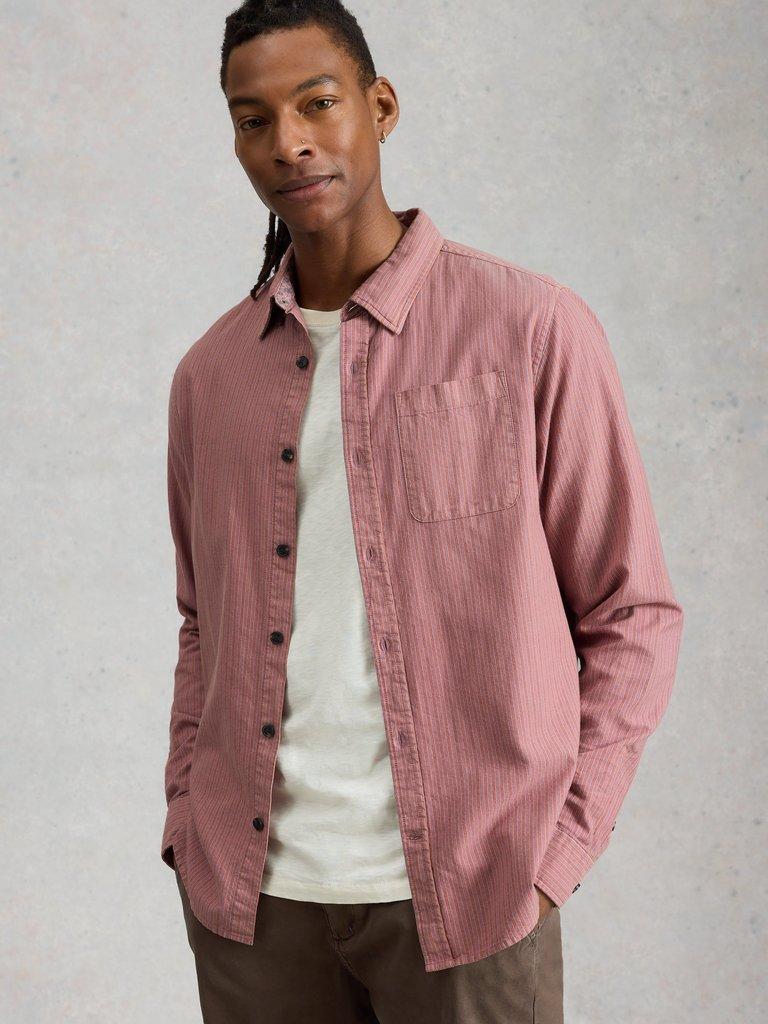 Bruton Stripe Collared Shirt in LGT PINK - MODEL DETAIL