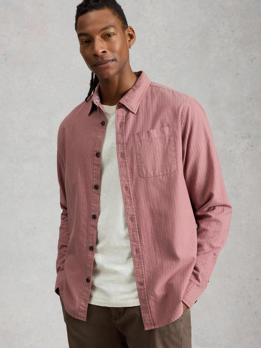 Bruton Stripe Collared Shirt in LGT PINK - MODEL DETAIL
