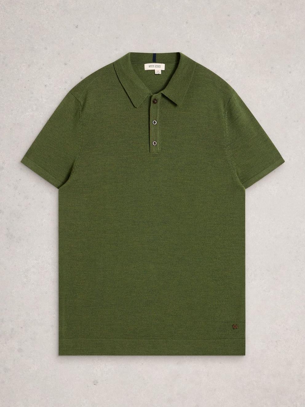 Newport Merino Polo SS in KHAKI GRN - FLAT FRONT