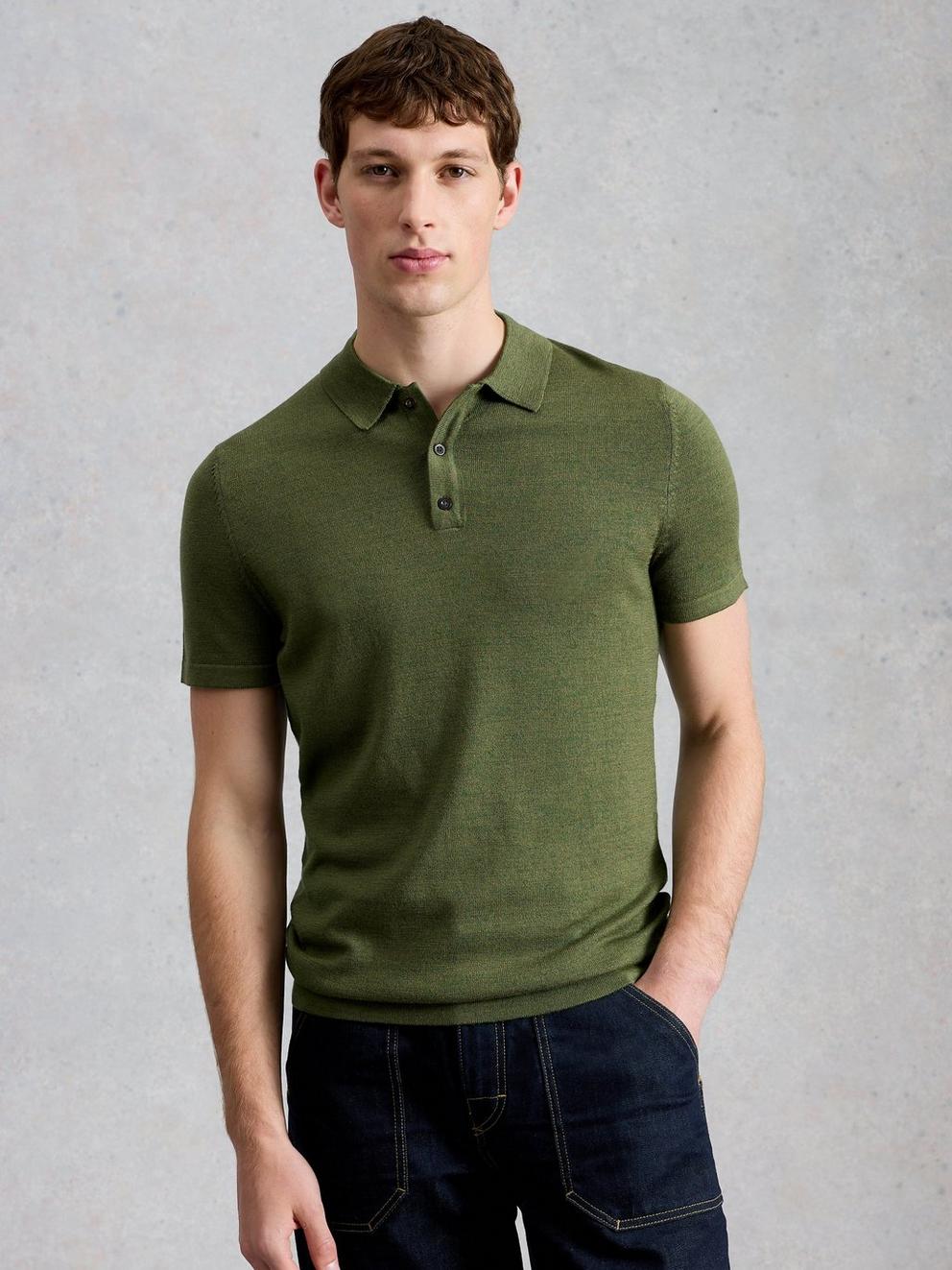 Newport Merino Polo SS in KHAKI GRN - MODEL DETAIL