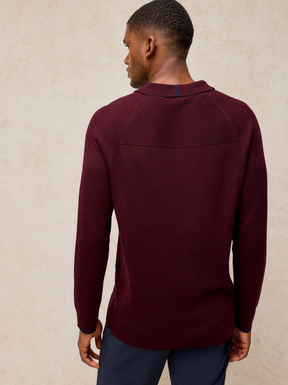 Newport Merino Polo LS in DK PLUM - MODEL BACK