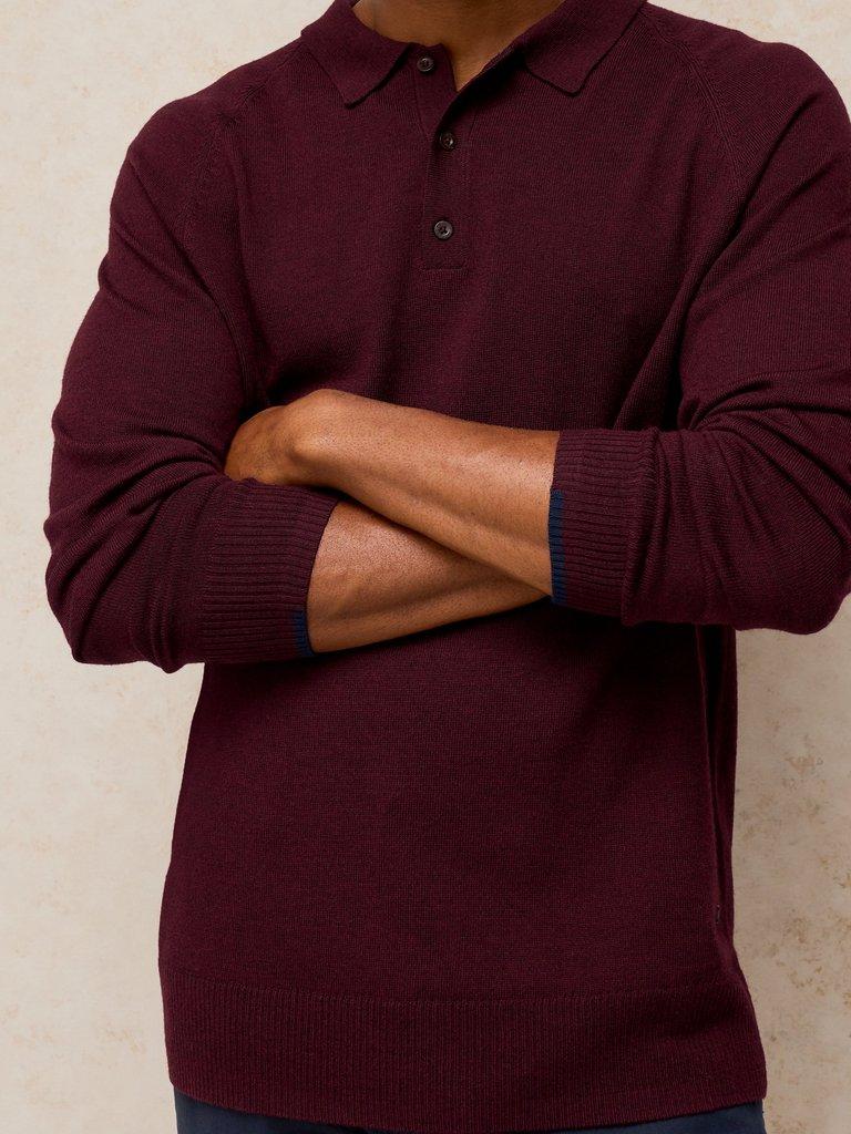 Newport Merino Polo LS in DK PLUM - MODEL DETAIL