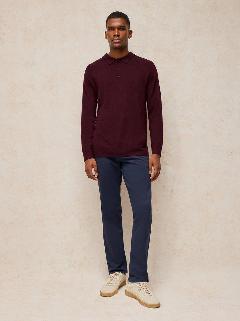 Newport Merino Polo LS in DK PLUM - MODEL FRONT