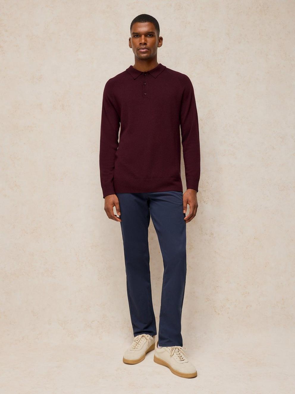 Newport Merino Polo LS in DK PLUM - MODEL FRONT