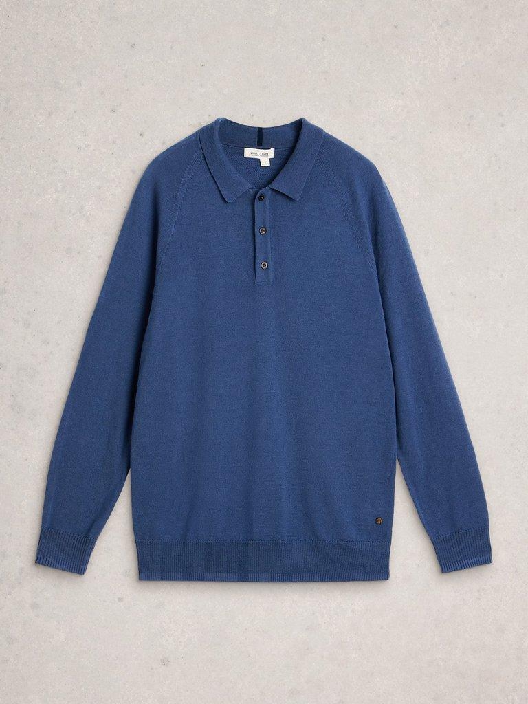 Newport Merino Polo LS in MID BLUE - FLAT FRONT