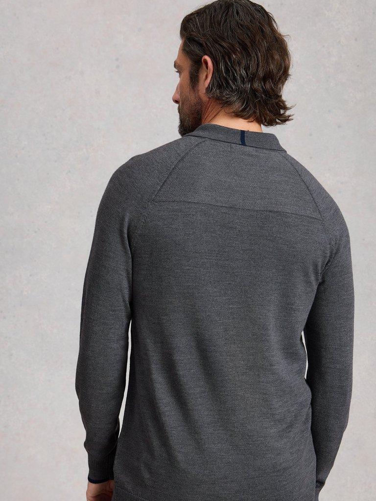 Newport Merino Polo LS in MID GREY - MODEL BACK
