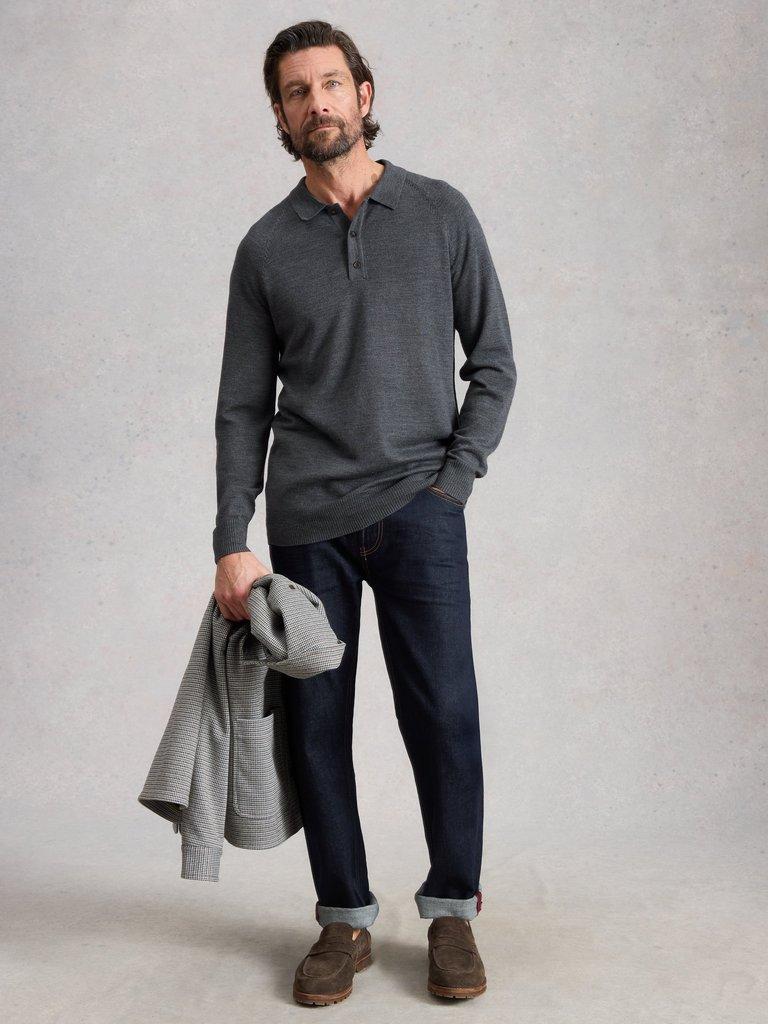 Newport Merino Polo LS in MID GREY - MODEL FRONT