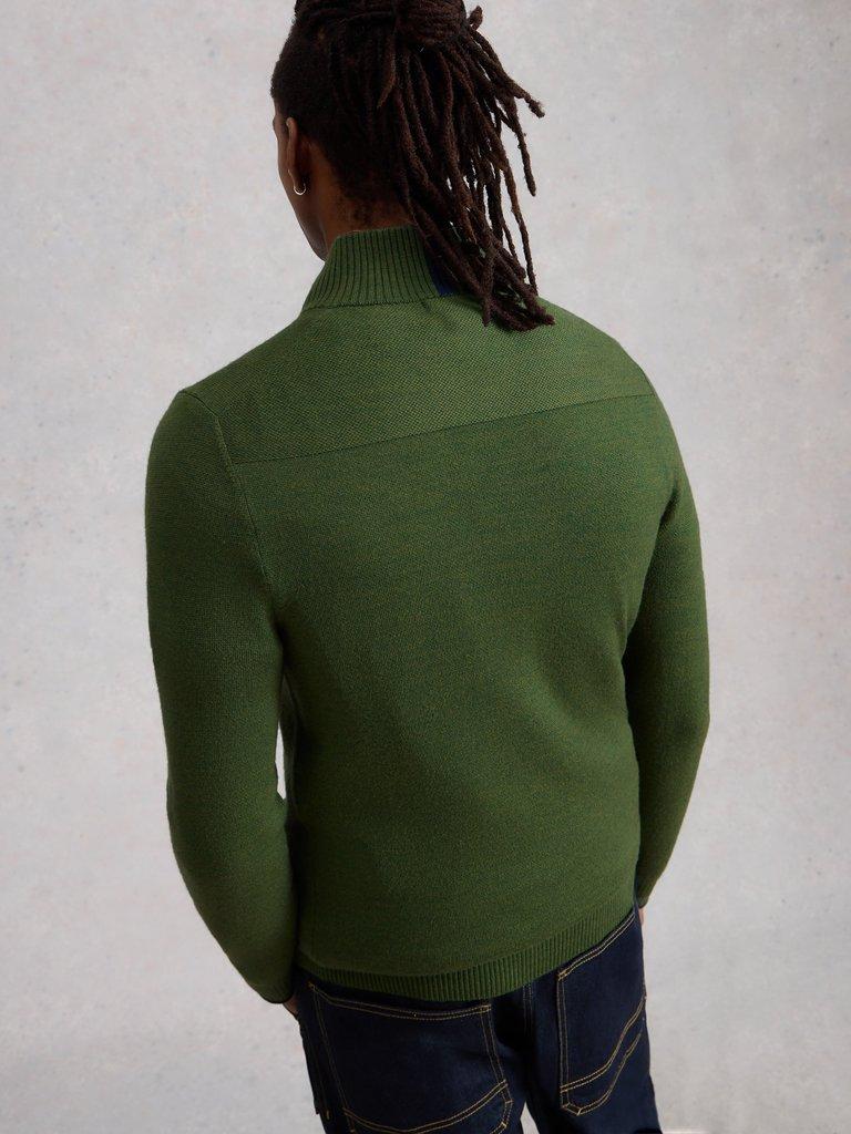 Newport Merino Funnel Neck in KHAKI GRN - MODEL BACK