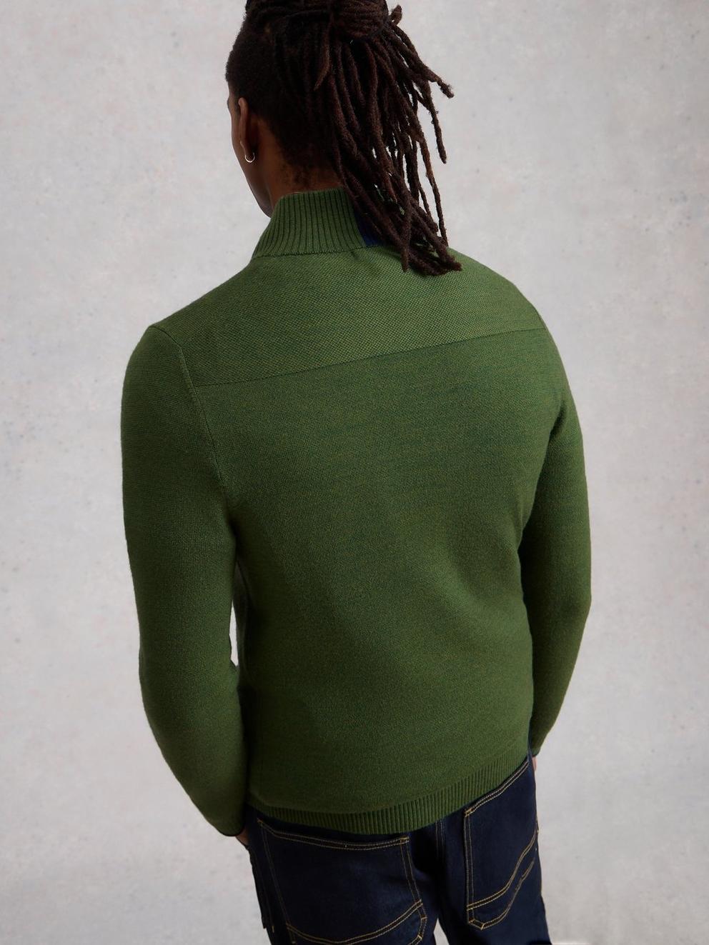 Newport Merino Funnel Neck in KHAKI GRN - MODEL BACK
