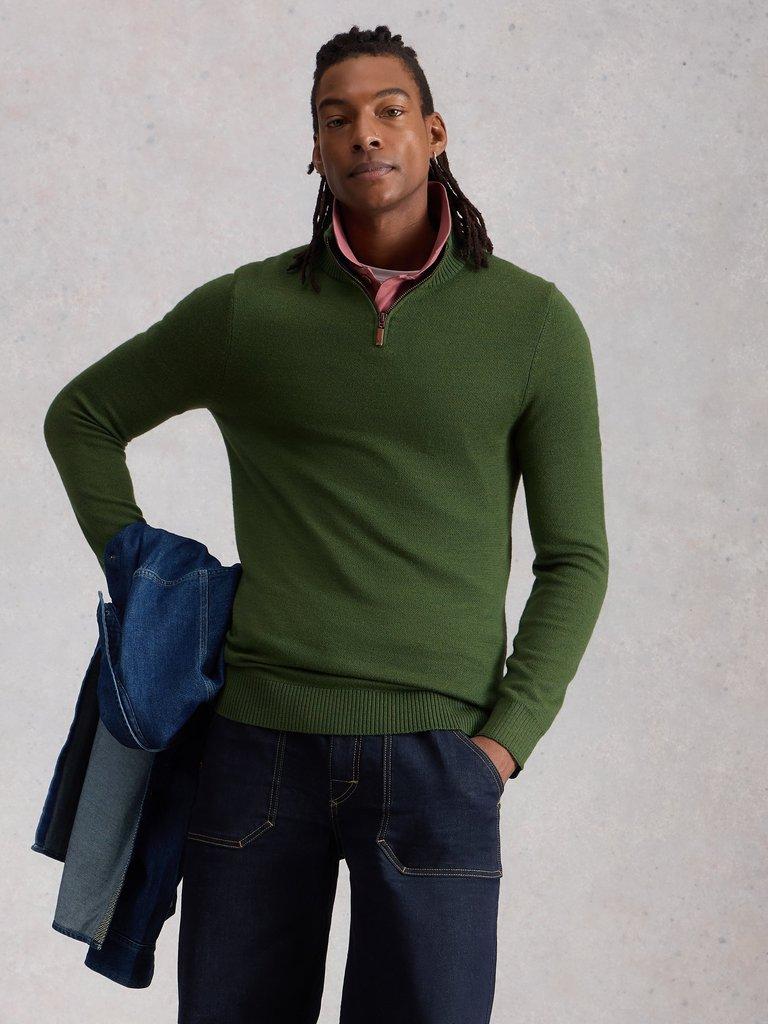 Newport Merino Funnel Neck in KHAKI GRN - MODEL DETAIL